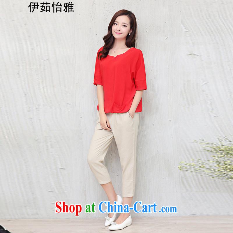 The Ju-Yee Nga 2015 summer maximum code female 7 pants + cotton Ma T-shirt short-sleeved shirt T Leisure package YJ 0282 red XXL