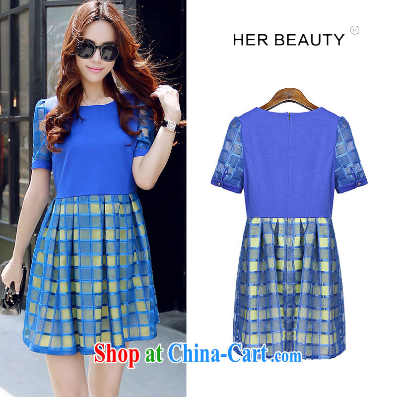 Hes American 2015 larger female summer thick sister new commuter Korean video thin thick MM short-sleeved dresses blue XL