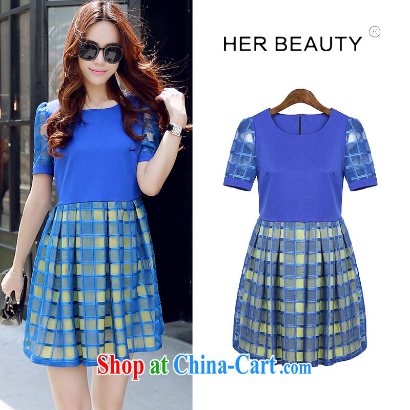 Hes American 2015 larger female summer thick sister new commuter Korean video thin thick MM short-sleeved dresses blue XL, herBEAUTY, online shopping
