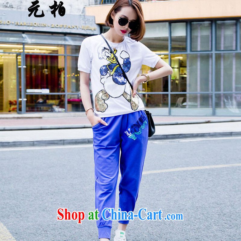 Yuan Bo summer new relaxed casual two-piece larger female pure cotton short-sleeved T shirt + 7 pants white + blue 8126 3 XL 150 - 160 Jack left and right