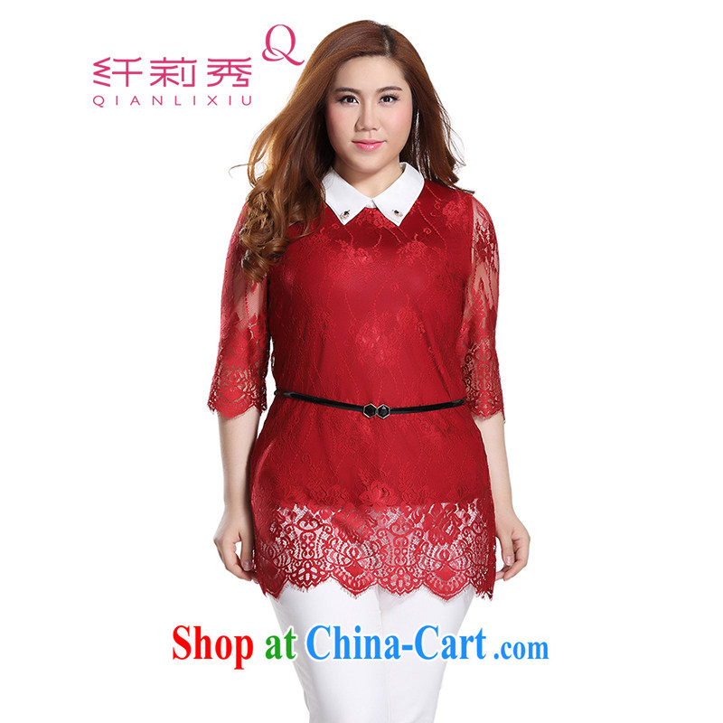 Slim LI Sau 2015 summer new, larger female lapel decorative lace graphics thin, long lace shirt Q 7885 wine red 3XL