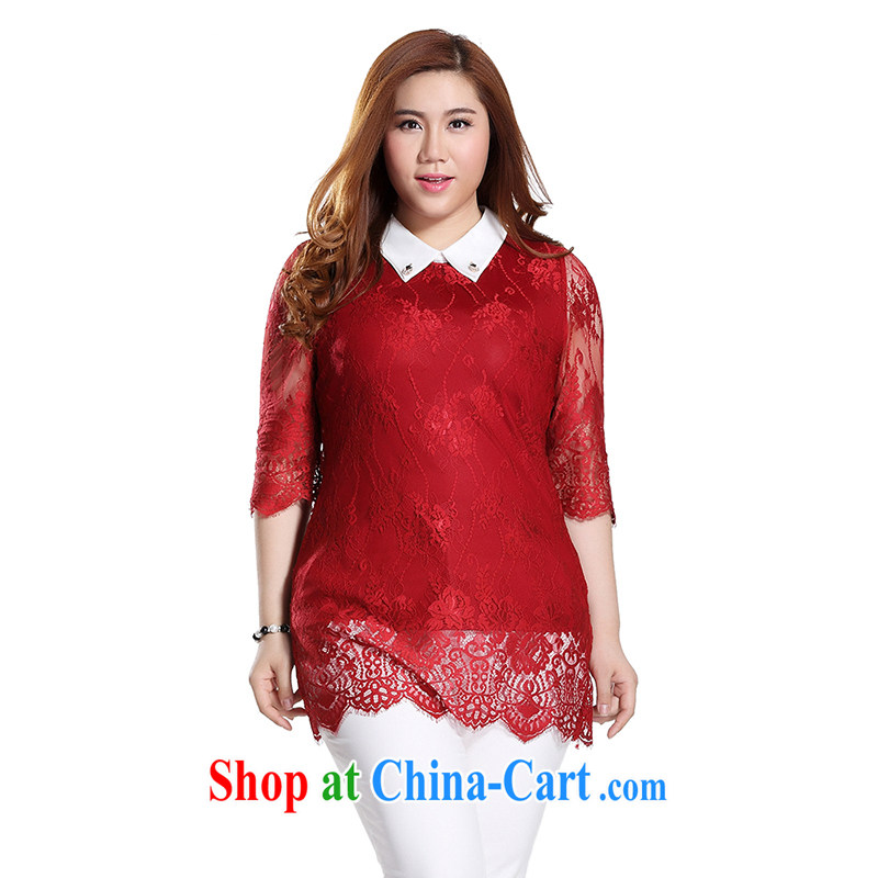 Slim LI Sau 2015 summer new, larger female lapel decorative lace graphics thin, long lace shirt Q 7885 wine red 3XL, slim Li-su, and shopping on the Internet
