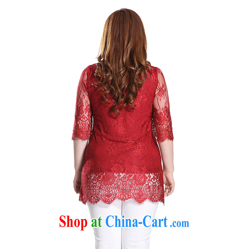 Slim LI Sau 2015 summer new, larger female lapel decorative lace graphics thin, long lace shirt Q 7885 wine red 3XL, slim Li-su, and shopping on the Internet