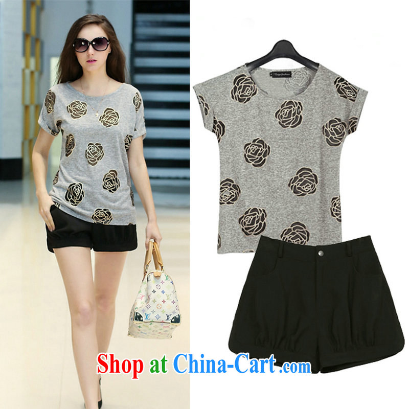2015 European and American large code female summer new thick mm stylish rose Openwork graphics thin T-shirt snow woven shorts Kit gray 4 XL - 160 - 180 jack