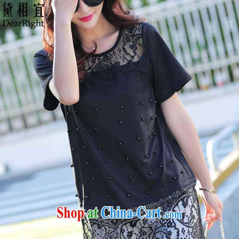 Diane affordable summer 2015 new thick mm and indeed increase, female biological empty nails Pearl lace, with Korean version, long T shirts dresses black XXL _125 - 140 _ jack