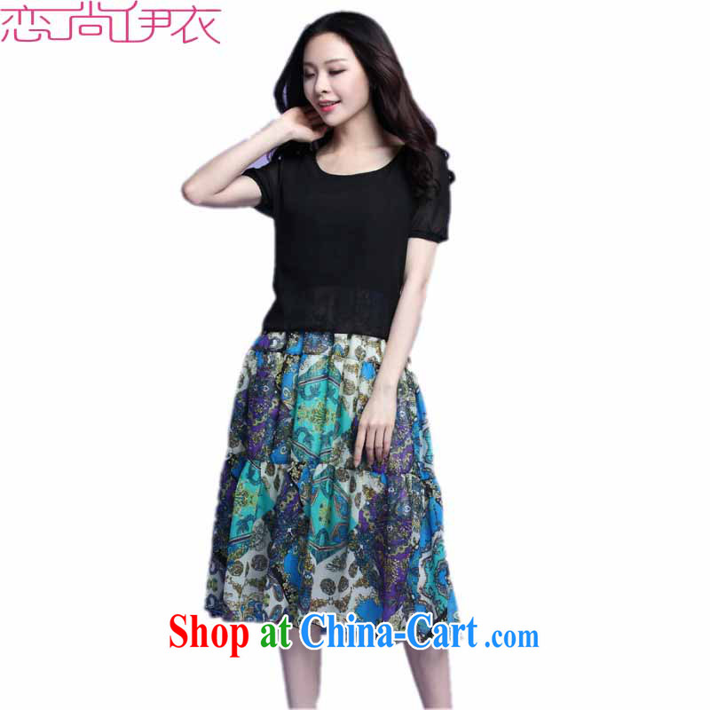 The 2015 summer new leave of two part female temperament graphics thin short-sleeved snow-woven dresses and ventricular hypertrophy, Bohemian Beach Resort skirt skirt blue 4 XL approximately 170 - 185 jack