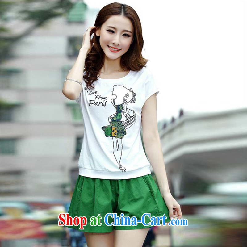 Colorful nickname Julia larger female package thick girls with graphics thin, summer wear thick sister sport and leisure package thick mm cultivating short-sleeved + shorts green XXXL