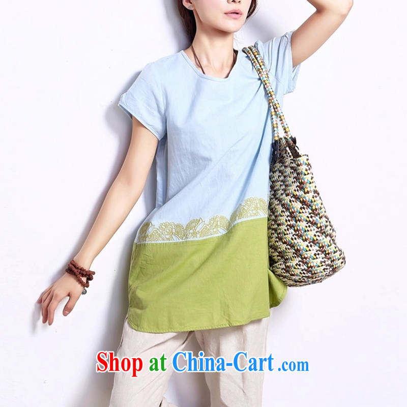According to Mr Philip cotton Ma T pension 2015 summer new ethnic wind embroidery arts short-sleeved loose the Code, long T-shirt girl Y 2346 light blue M, perfect (Yibofei), shopping on the Internet
