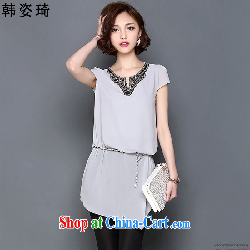 Korean Beauty Qi 2015 summer new larger female decoration, embroidery V collar, long, loose short-sleeved snow woven shirts female 694 light gray XXXL