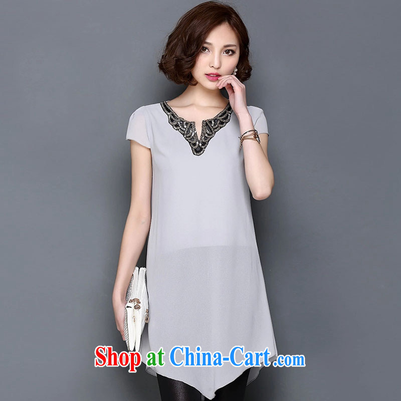 Korean Beauty Qi 2015 summer new, larger female decoration, embroidery V collar, long, loose short-sleeved snow woven shirts female 694 light gray XXXL, Korean Beauty Qi, shopping on the Internet