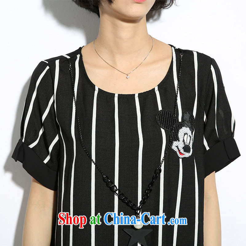 Cayman population of high-end large, female fat MM summer 2015 Card, black-and-white striped loose video thin T shirt black 4 XL, silk, and shopping on the Internet