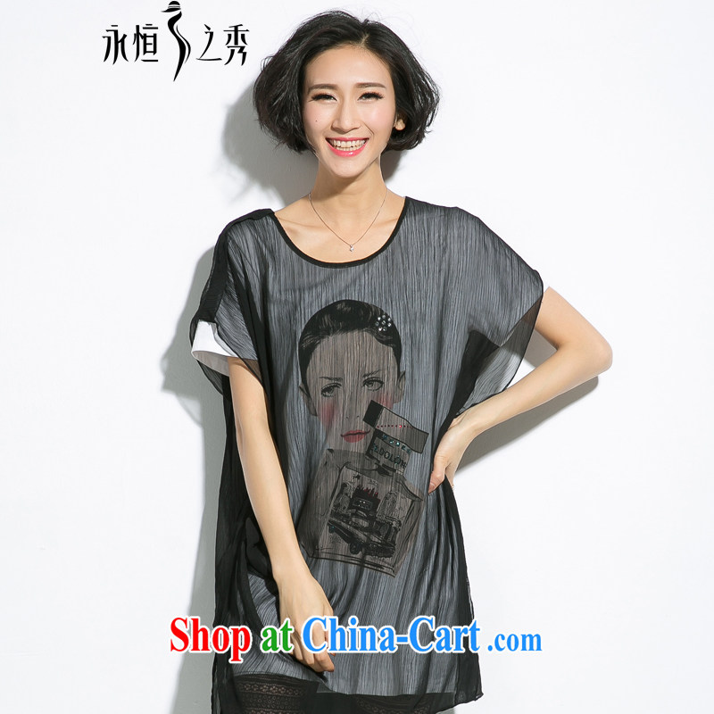 Eternal show Summer 2015 mm thick new larger female lady hot drill on the leave of two part T shirt black 2 XL
