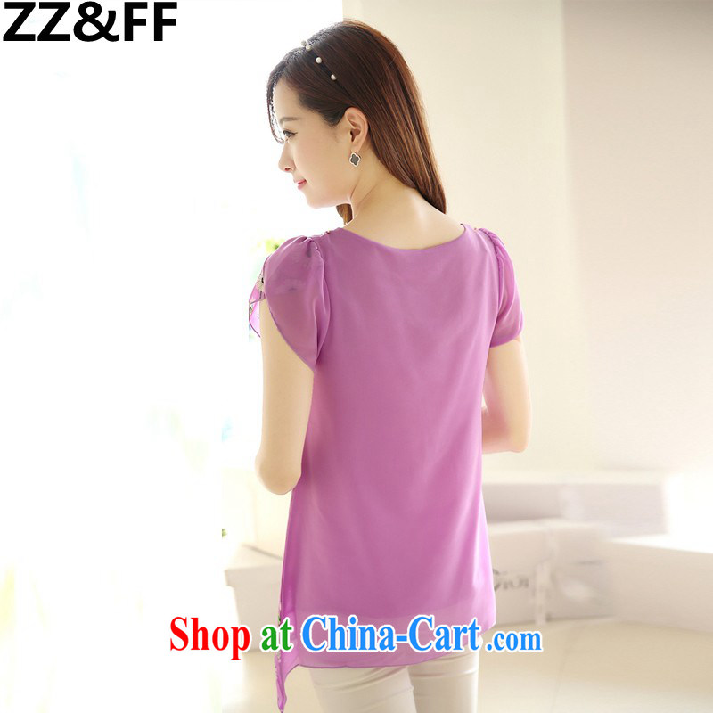 ZZ &FF summer 2015 new Korean version loose the code for leisure stamp short-sleeved snow woven shirts girls summer 6112 purple XL, ZZ &FF, shopping on the Internet