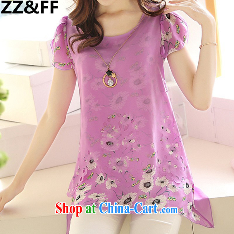 ZZ &FF summer 2015 new Korean version loose the code for leisure stamp short-sleeved snow woven shirts girls summer 6112 purple XL, ZZ &FF, shopping on the Internet