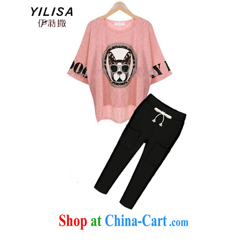 Ms. Caesar King, female new summer T-shirts Kit mm thick and fat and loose video thin bat sleeves cartoon dog stamp T-shirt + 7 Trouser press kit pink + black trousers 4 XL