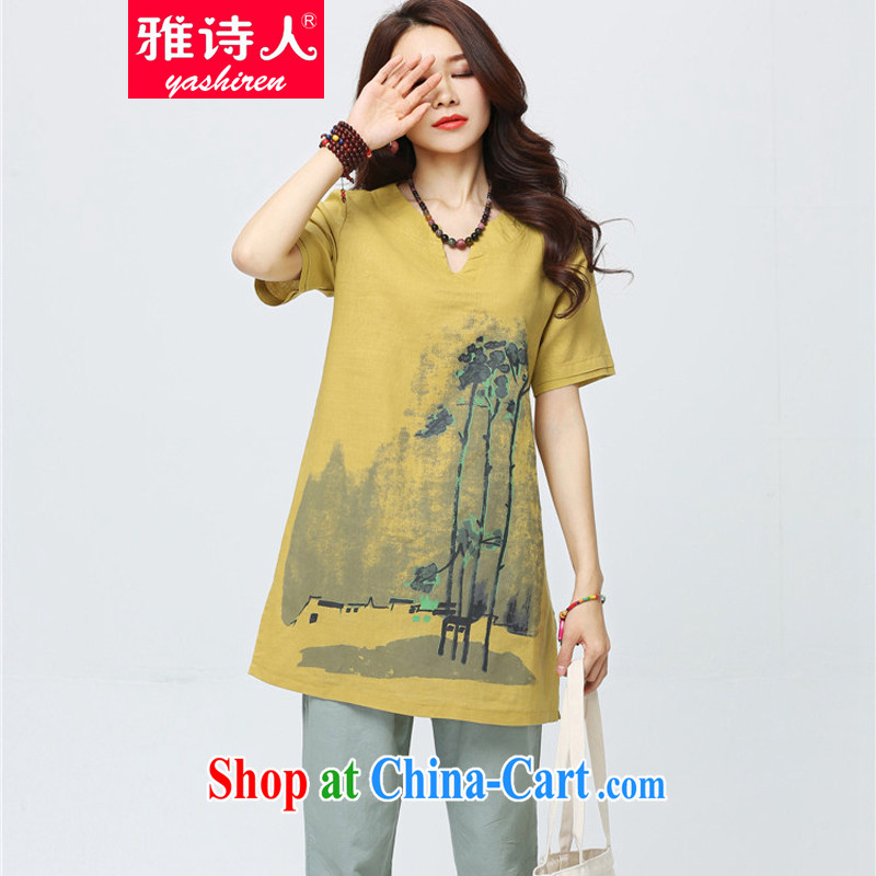 Poet, summer 2015 new large, loose video thin female cotton Ma arts 100 solid ground in T-shirt, long painting linen girls short-sleeved shirts T Kang yellow XL