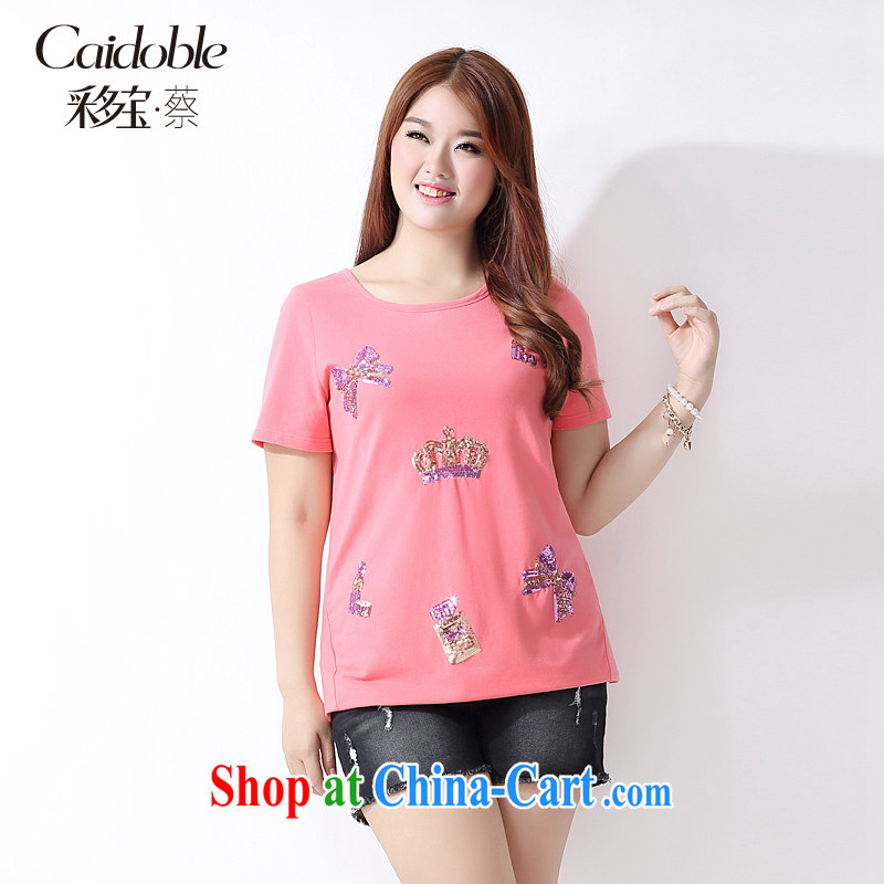 The multi-po 2015 summer new, thick MM large code female Korean sweet Pearl-embroidered short sleeves shirt T female A 3893 peach 3XL