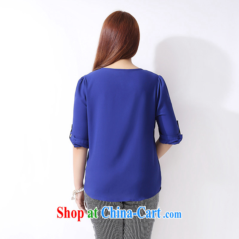 The multi-po 2015 summer new thick MM larger female stylish lounge on the embroidery tied knot 7 T-shirt girl A 3770 blue 2 XL, the multi-po, Miss CHOY So-yuk (CAIDOBLE), online shopping