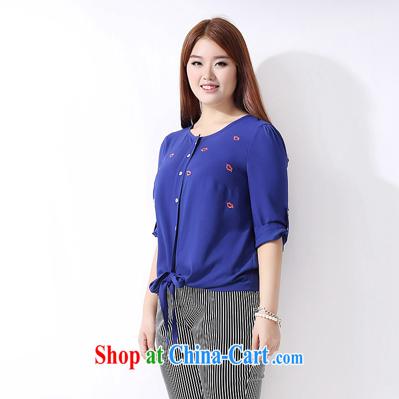 The multi-po 2015 summer new thick MM larger female stylish lounge on the embroidery tied knot 7 T-shirt girl A 3770 blue 2 XL, the multi-po, Miss CHOY So-yuk (CAIDOBLE), online shopping
