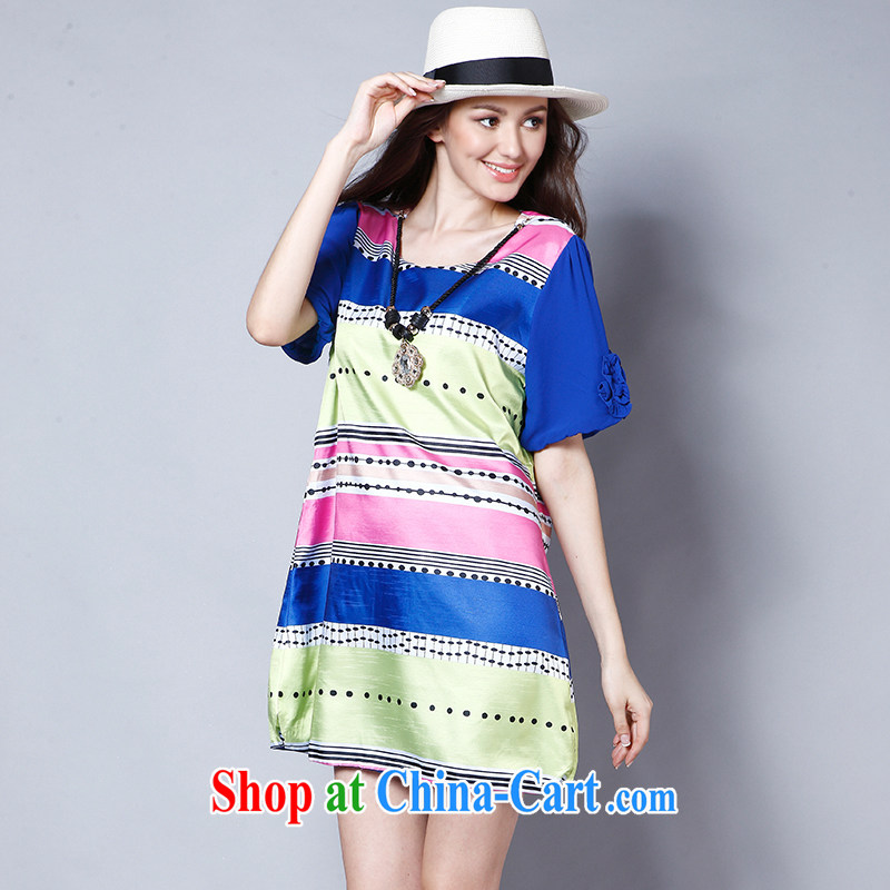 Connie's dream in Europe and America, the female summer is indeed the greater 2015 new thick mm stylish knocked color loose short-sleeve emulation Silk Dresses J 8218 dark blue XXL, Anne's dream, shopping on the Internet