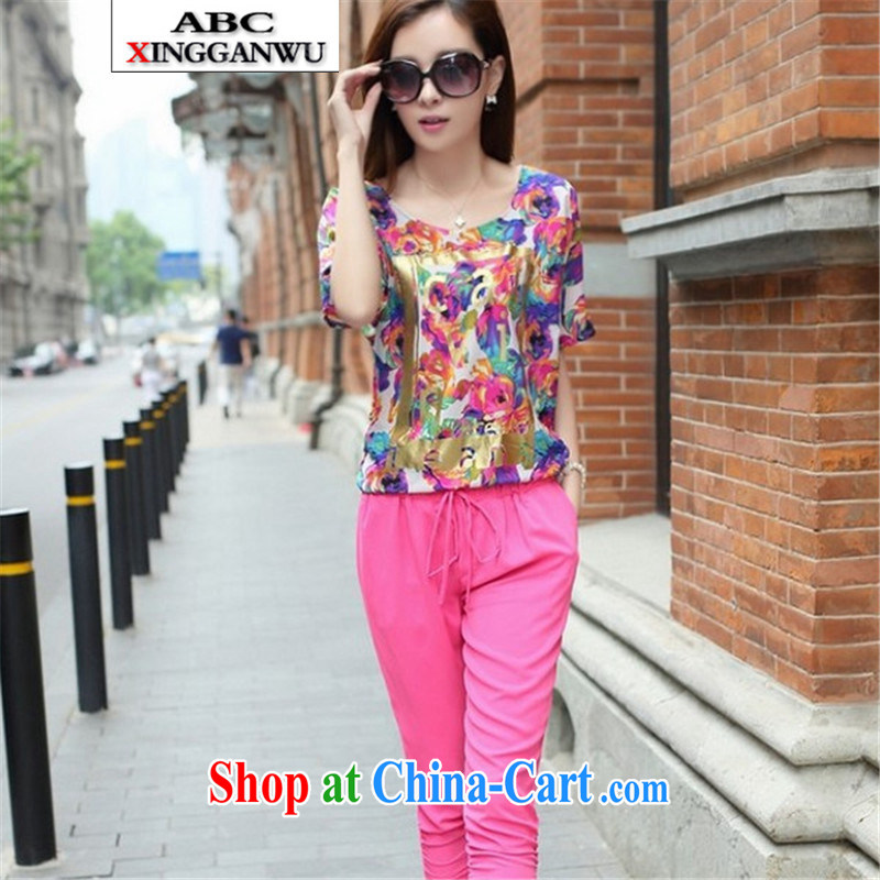 XGW 2015 summer is indeed the XL thick mm short-sleeve T-shirt 200 Jack thick sister Korean version 7 pants Leisure package pink large code L, ABCXINGGANWU, shopping on the Internet