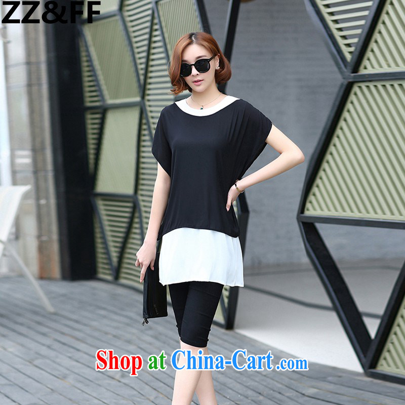 ZZ _FF summer 2015 new Korean version mm thick Stylish large Code women leave of two T-shirt black pants Kit 9057 black XXXL