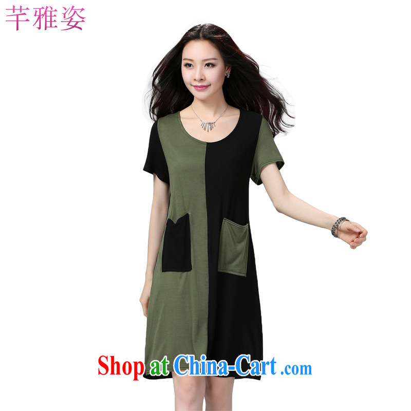 QIANYAZI mm thick and fat increases, female black-green tiles short-sleeve loose dress summer fat people dress black spell green size of weight for height as the advisory service