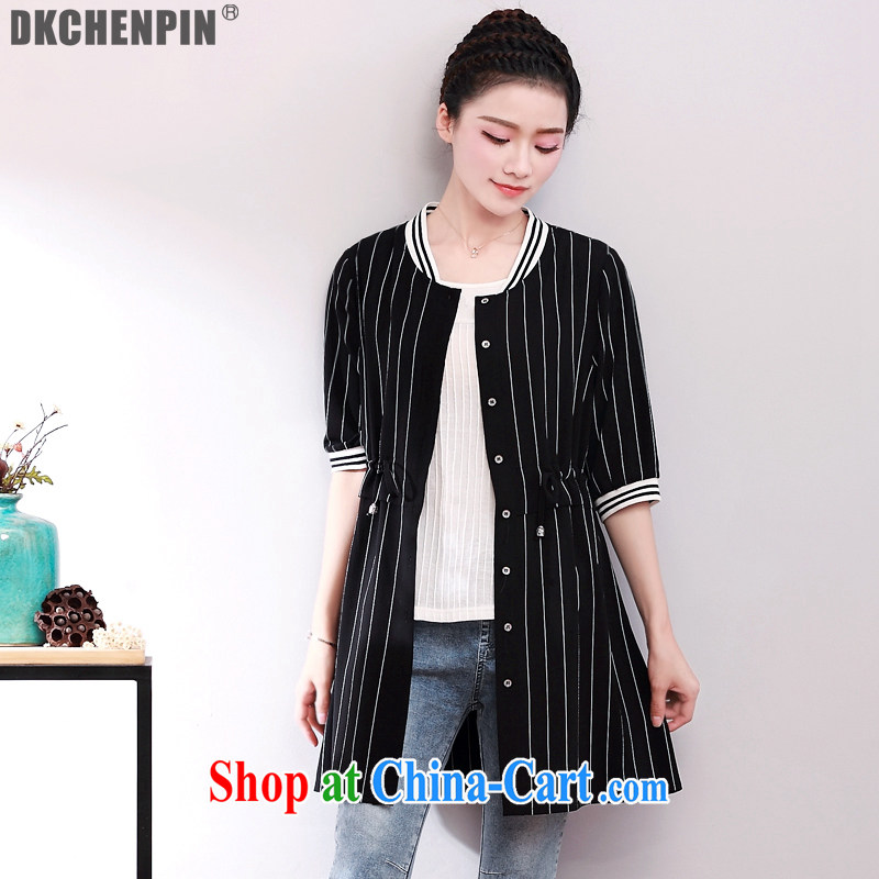 DKchenpin summer 2015 women sunscreen Yi, female thin ice woven shirts long-sleeved, long-wave T-shirt black-and-white stripes 2 XL