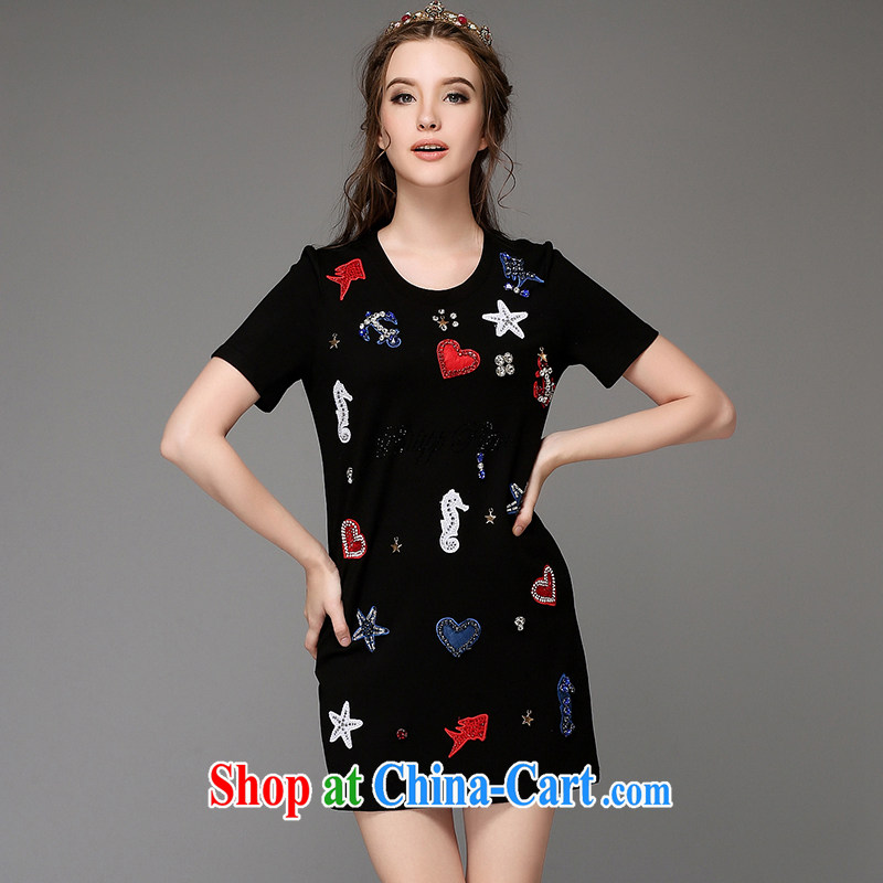 Hai Ying 2015 summer new, large, female fat sister cotton love embroidered hot drill short-sleeved dresses A 756 black 5 XL (the Code) and sea-ying (seaying), online shopping