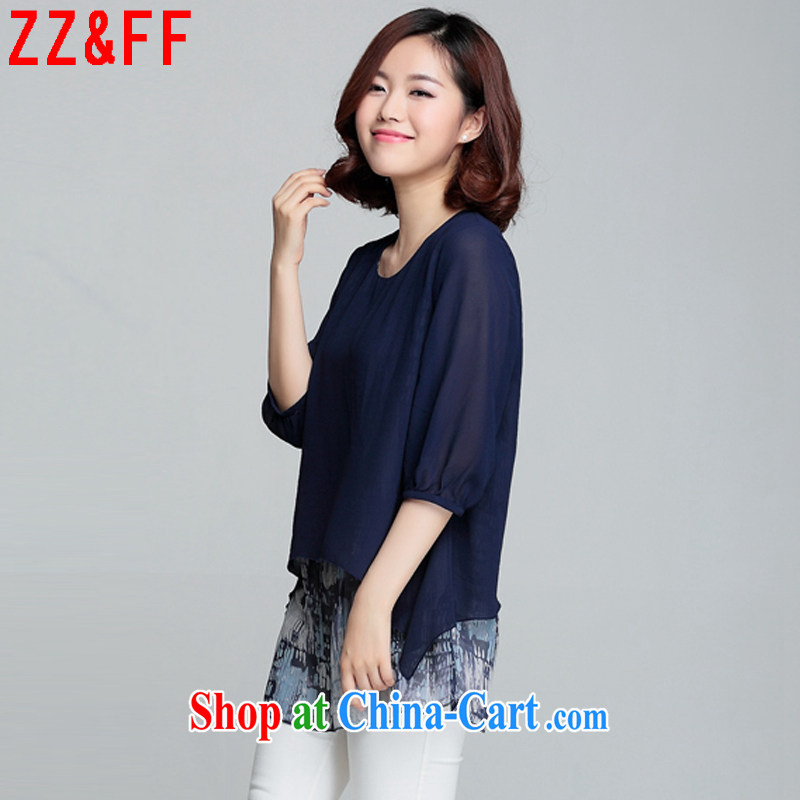 ZZ &FF 2015 summer new, larger female, long, snow beauty woven shirts female 7 cuff small T-shirt printing T-shirt girl XFS 949 dark blue XXXL, ZZ &FF, shopping on the Internet