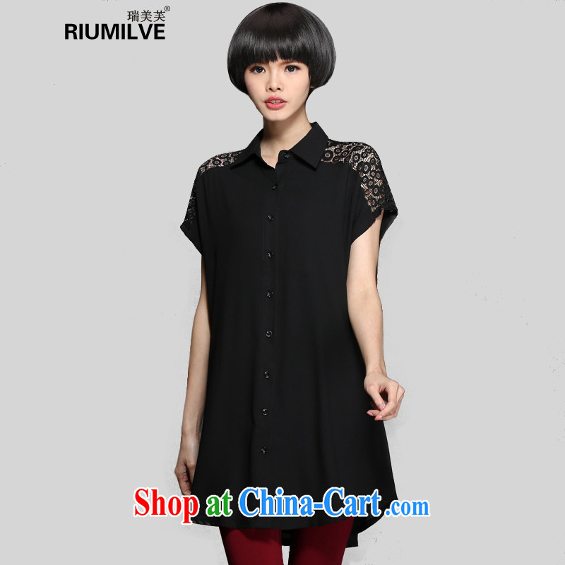 Ryan and the United States concluded the 2015 is indeed increasing, female summer short-sleeved shirt thick mm loose video thin Openwork lace stitching, long female T-shirt 1315 black XXXL