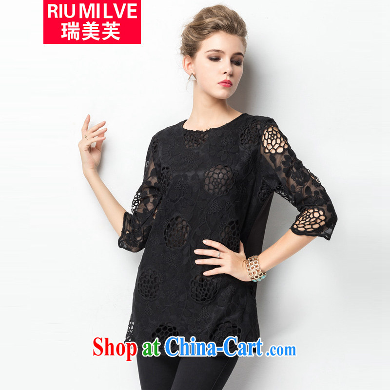 Ryan and the United States concluded the fat increase, female 2015 summer new, middle-aged mother video thin Openwork lace hook flower cuff T shirts women T-shirt J 1323 black XXXL