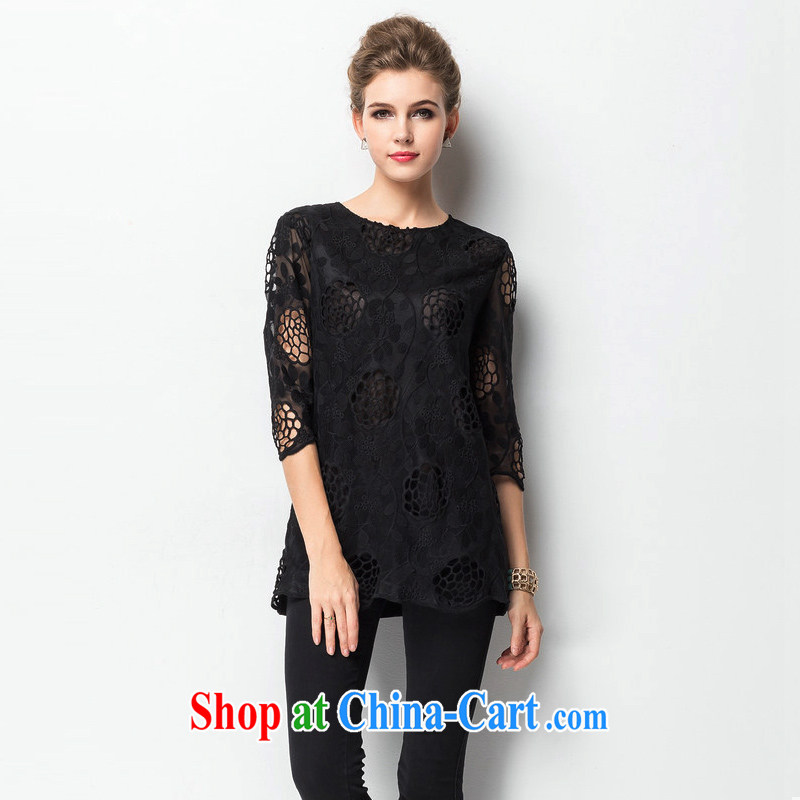 and the United States, would be the real increase, female 2015 summer new, middle-aged mother video thin Openwork lace hook flower cuff T shirts women T-shirt J 1323 black XXXL, American Girl (RIUMILVE), and, on-line shopping