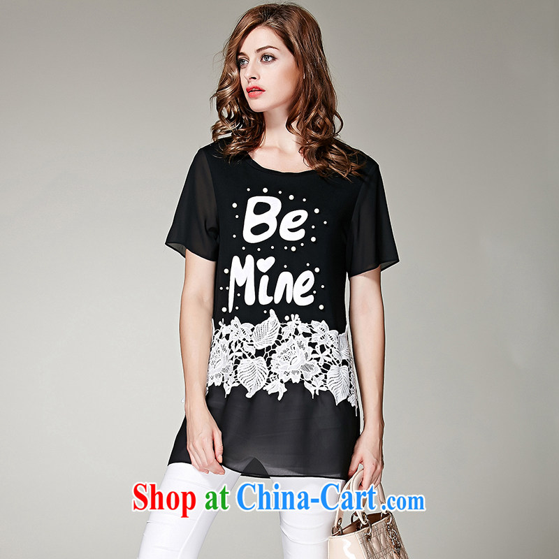 Connie's dream in Europe and America, the ladies' 2015 summer new thick mm elegant embroidery, long letters, stamp duty loose short-sleeve T-shirt women T-shirt s 3627 black XXXL, Connie dreams, shopping on the Internet