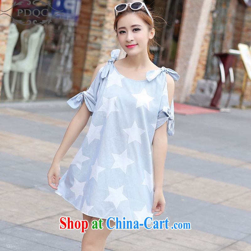 2015 PDQC Plus is indeed increasing, female fat mmT pension summer new, bare shoulders bowtie short-sleeved loose video thin dresses blue 4 XL