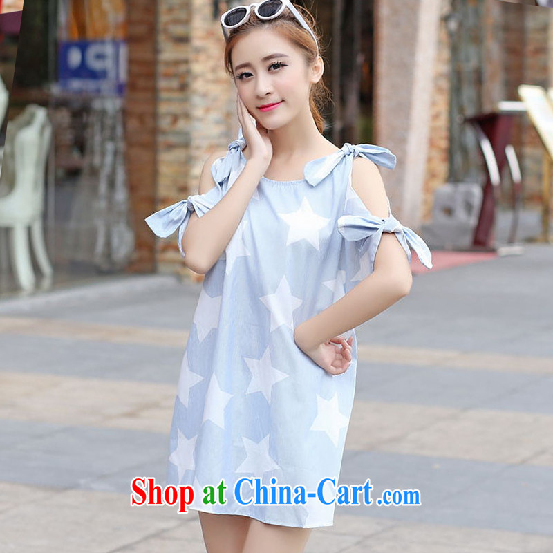2015 PDQC Plus is indeed increasing, female fat mmT pension summer new bare shoulders bowtie short-sleeved loose video thin dresses blue 4 XL, PDQC, shopping on the Internet