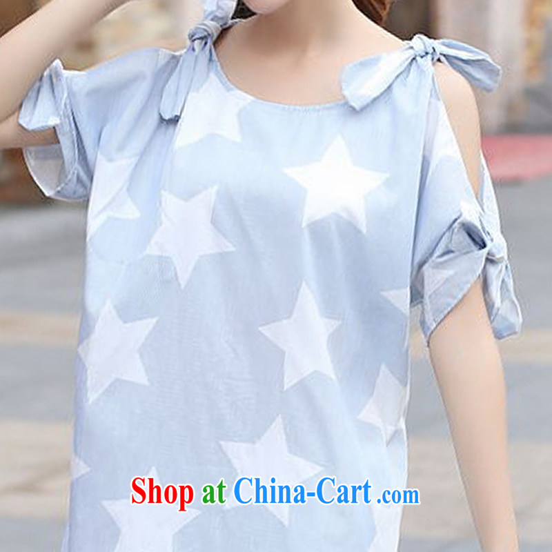 2015 PDQC Plus is indeed increasing, female fat mmT pension summer new bare shoulders bowtie short-sleeved loose video thin dresses blue 4 XL, PDQC, shopping on the Internet