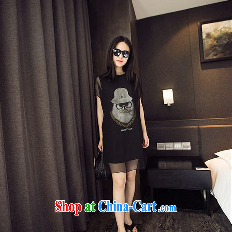 ZZ &FF 2015 larger female 200 Jack mm thick owl yarn stitching graphics thin fake two-piece short sleeve dress black XXXXXL (recommendations 200 - 210 jack), ZZ &FF, shopping on the Internet