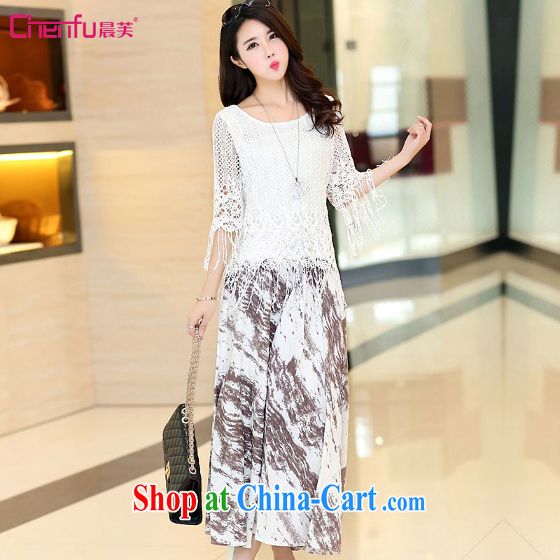 Morning would be the fat increase Code women mm thick 2015 summer new Korean women cotton Ma Literary skirt ink stamp, long, two-piece dresses white 4XL