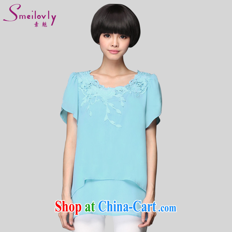 Staff of the fertilizer XL women 2015 spring and summer Korean version thick MM short-sleeve stylish and simple snow woven shirts embroidered T pension 1314 sky blue large code XXL 140 Jack left and right