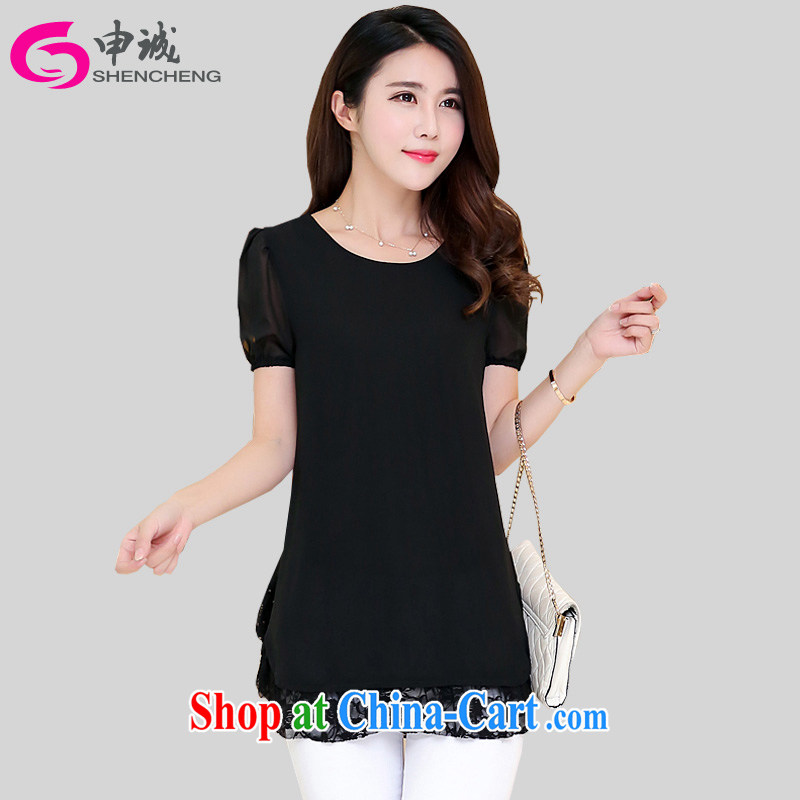 Shin Sung-and indeed increase, female snow woven shirts girls summer 2015 mm thick short-sleeved video thin female bubble snow cuff woven lace solid T-shirt 8022 black 4XL _160 - 185 _ jack
