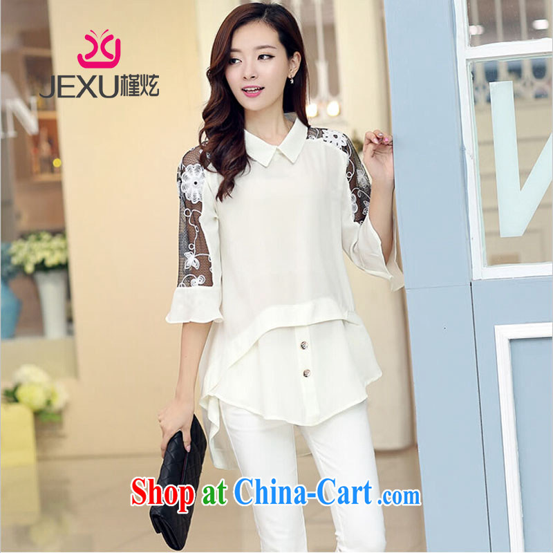 Chairwoman Hyun-won 2015 edition loose female large code female snow woven shirts thick MM shirt collar Web yarn stitching shirts 8030 white M