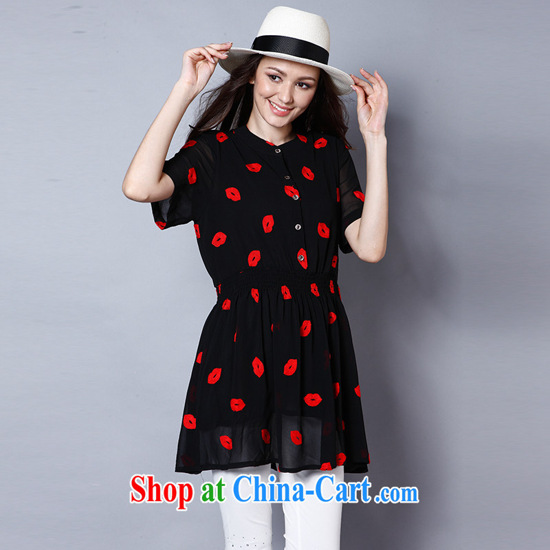 Connie's dream 2015 summer new Europe and North America, the girl with the FAT and FAT sister small fresh-waist graphics thin stamp snow woven dresses short-sleeved J 683 black XXXXXL, Connie dreams, and shopping on the Internet
