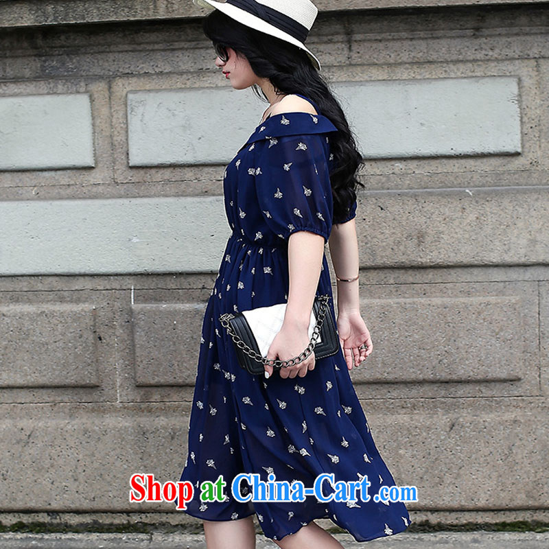 Yuan Bo summer fashion in Europe and new, larger female bare shoulders stamp long skirt thick MM the waist graphics thin dress dark blue 1612 2 XL 135 - 145 Jack left and right, Bo, and Internet shopping
