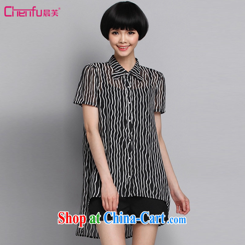 Morning would be summer 2015 new Korea and indeed XL women mm thick beauty graphics thin stripes lapel irregular snow woven shirts long sleeves shirt, black 5 XL _180 - 200 _ jack