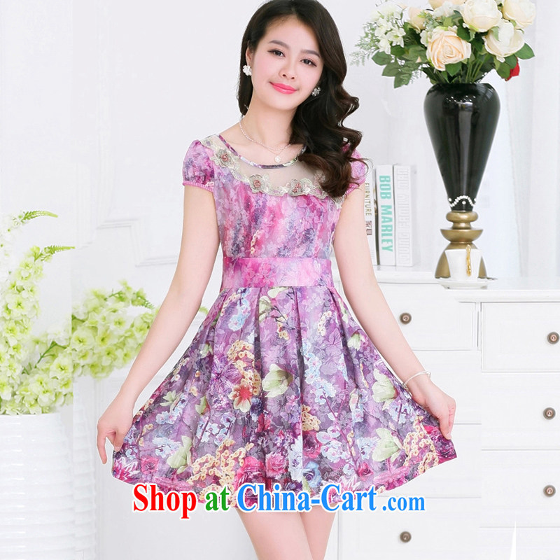 Princess Diana's Memnarch's 2015 summer on a new day, Korean female lace mask poverty wonton fillings, cultivating the waist floral cotton the maximum code solid short-sleeved dresses 231 purple 3 XL, Princess Akiko's ad (feikete), shopping on the Internet