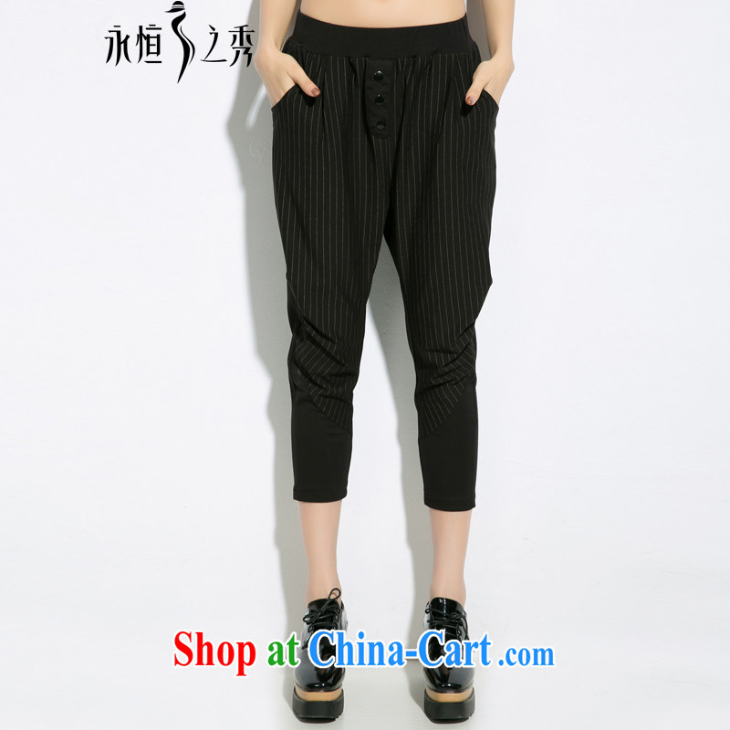 Eternal-soo and indeed increase, female 7 pants thick mm summer new thick sister fat, video thin loose new Korean black-and-white stripes and stylish lounge pants black 4 XL