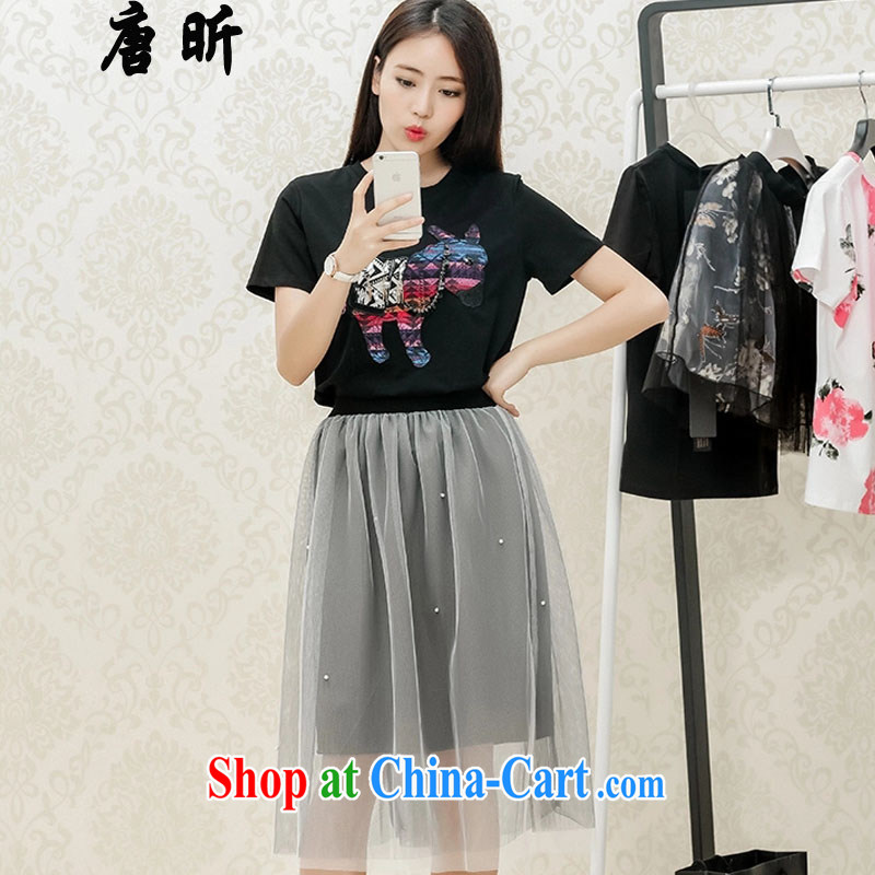 Tang year new summer thick MM graphics thin short-sleeve two-piece dresses cotton T shirt T-shirt + nets, long skirt black 7228 XL 5 180 - 195 Jack left and right