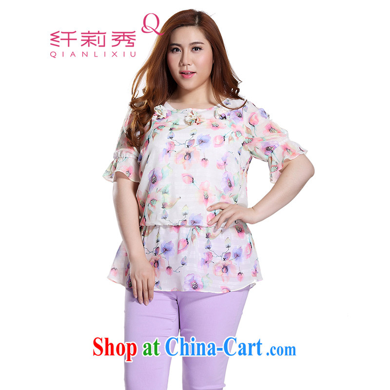 Slim LI Sau 2015 summer new, larger ladies fashion round collar flouncing with flower stamp snow woven shirts T-shirt Q 7850 apricot 5 XL