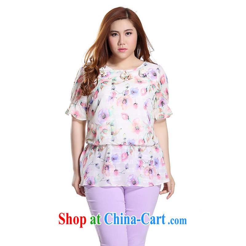 Slim Li-su 2015 summer new, larger ladies fashion round collar flouncing with flower stamp snow-woven shirts T-shirt Q 7850 apricot 5 XL, slim Li-su, and shopping on the Internet